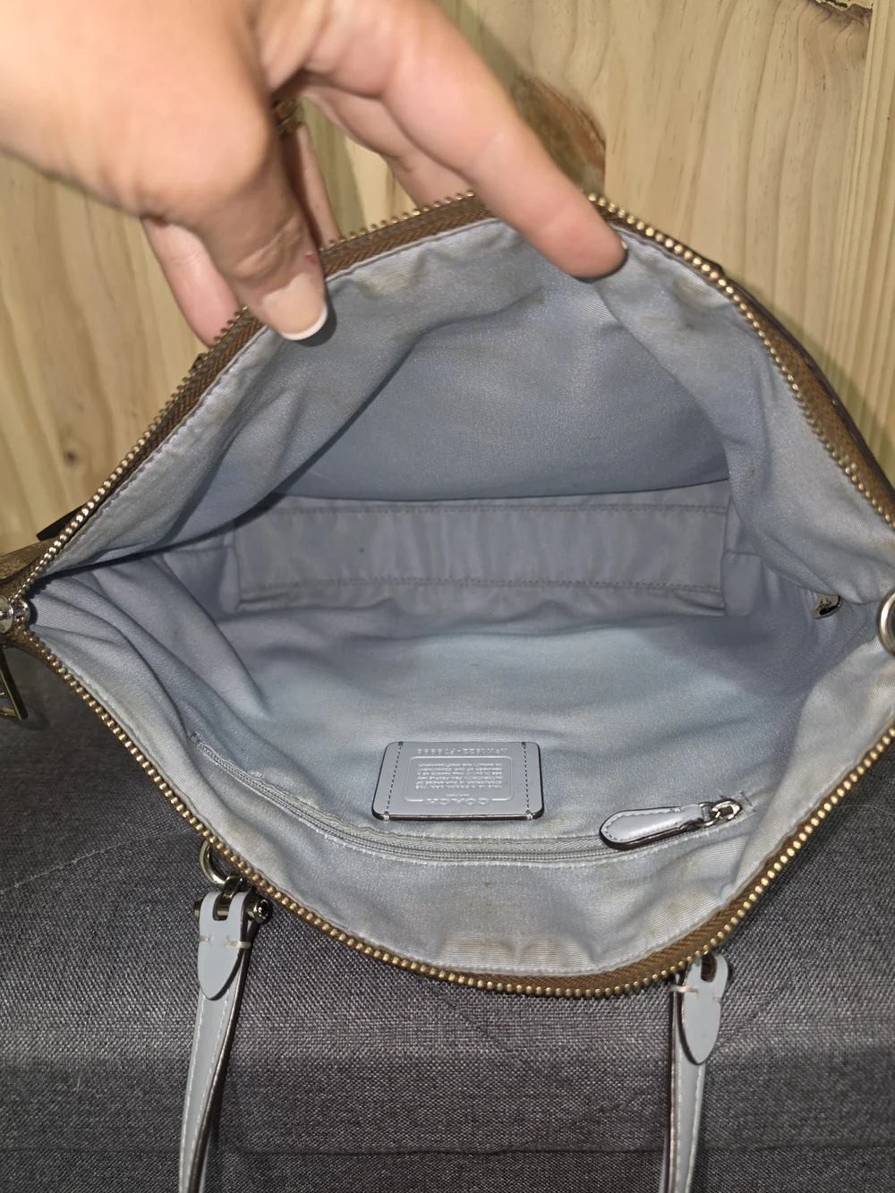 Coach Brown Signature Canvas Tote with Chalk Trim and Matching Wallet